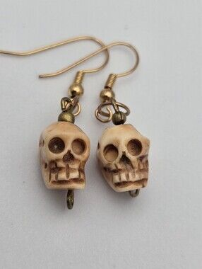Antique Copper Dangle Earrings Carved Bone Skull Beads Boho Statement 1.5”